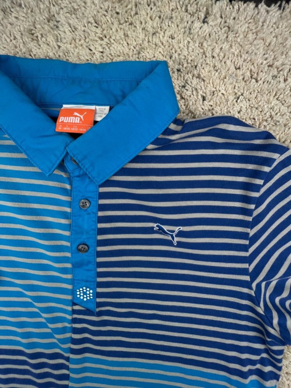 Puma Men’s Golf Polo Shirt Short Sleeve Blue Gray Striped Medium Casual Cotton - Picture 5 of 11